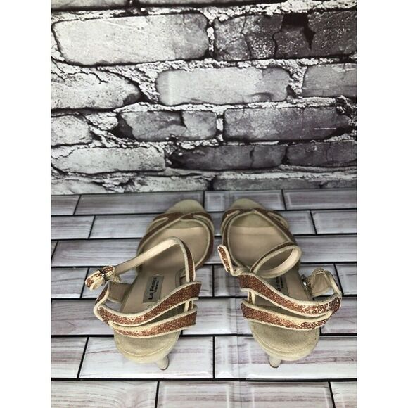La Fenice Venezia Rose Pink Sequin Beige Suede Open Toe Heels Women Sz 10M US/41 - Picture 6 of 16